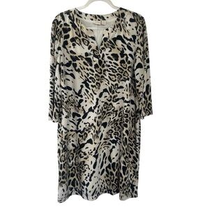 Chico’s Leopard Animal Print Shift Dress V Neck 3/4 Sleeve 3 XL